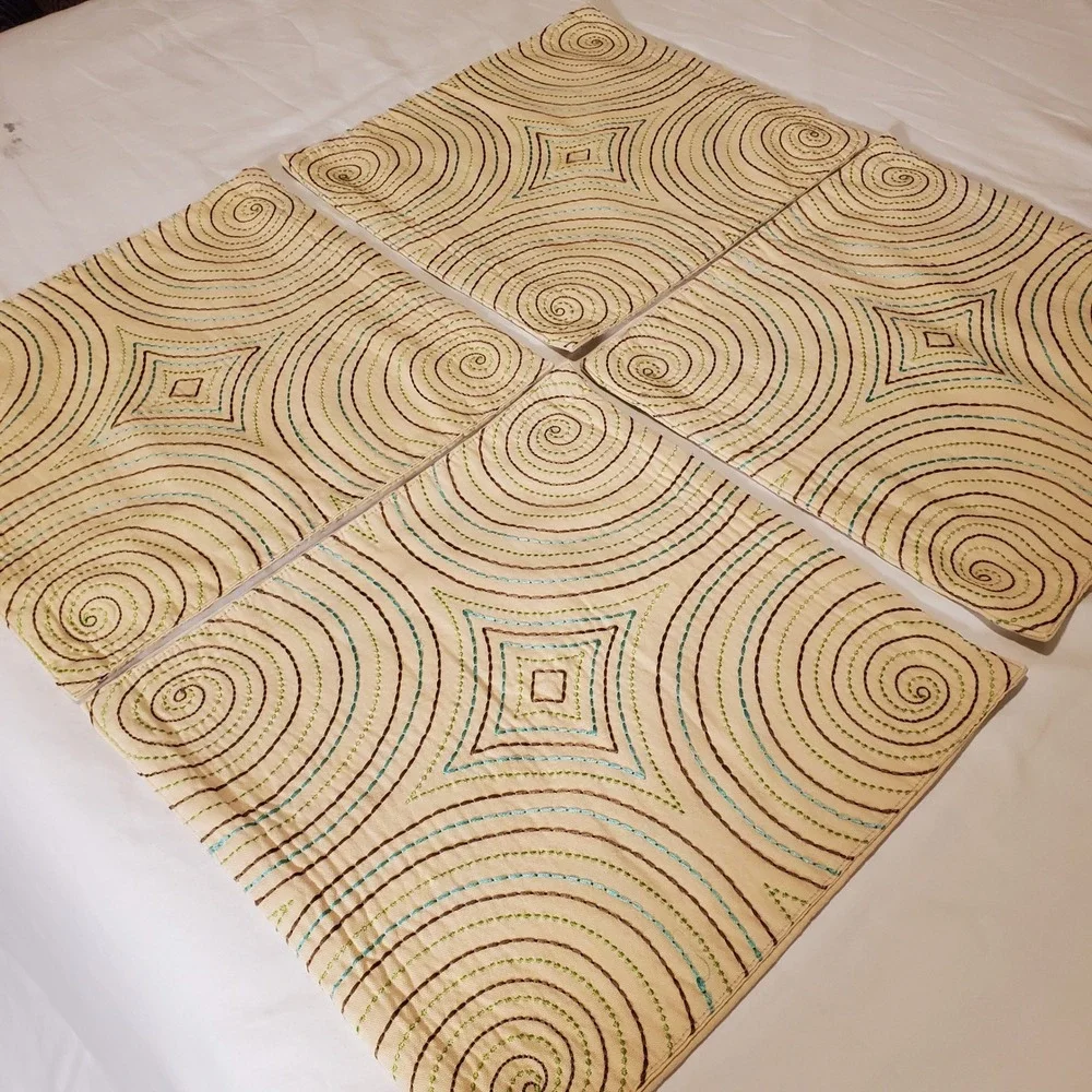 Set of 4 Embroidered Cotton Square Placemats Cream Teal Brown Spiral Geometric